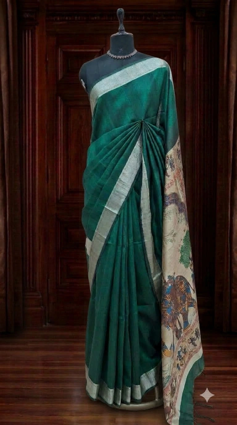 Bottle Green Plain Printed Tussar Saree 