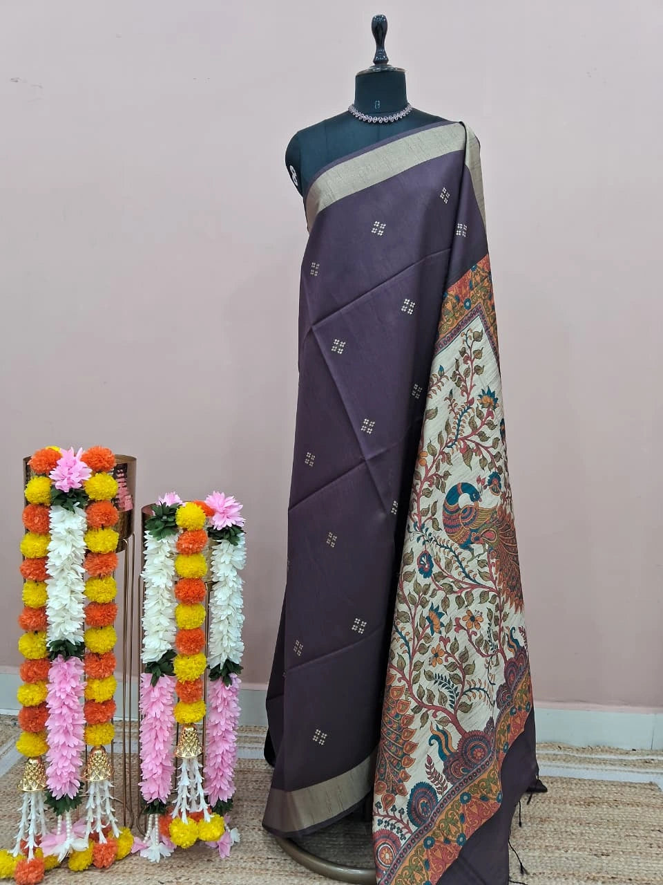 Dark Wine Printed Tussar Saree