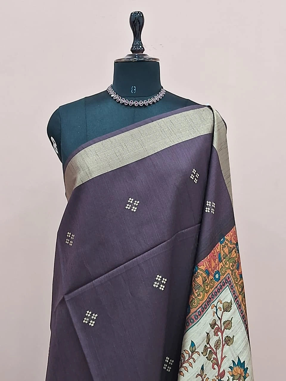 Dark Wine Printed Tussar Saree 1