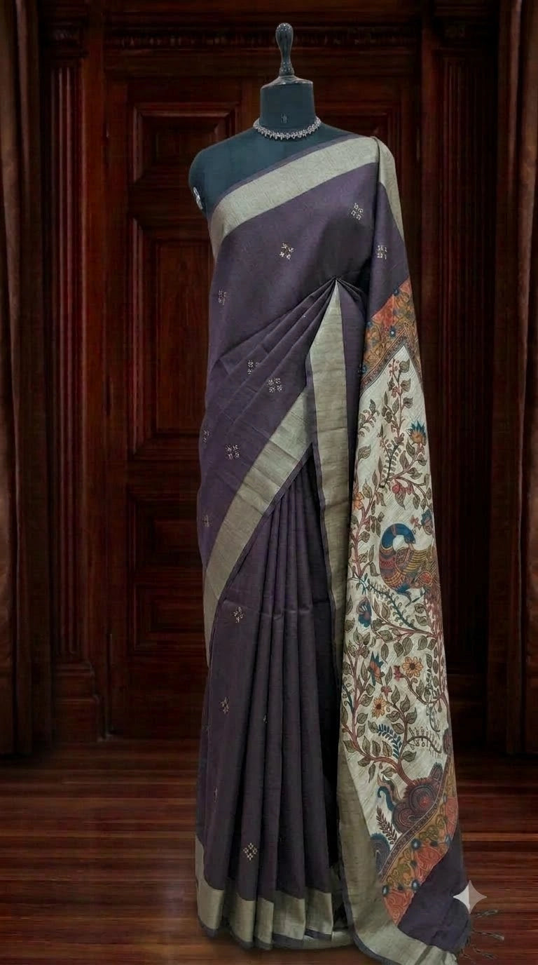 Dark Wine Printed Tussar Saree