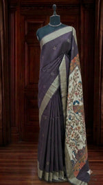 Dark Wine Printed Tussar Saree