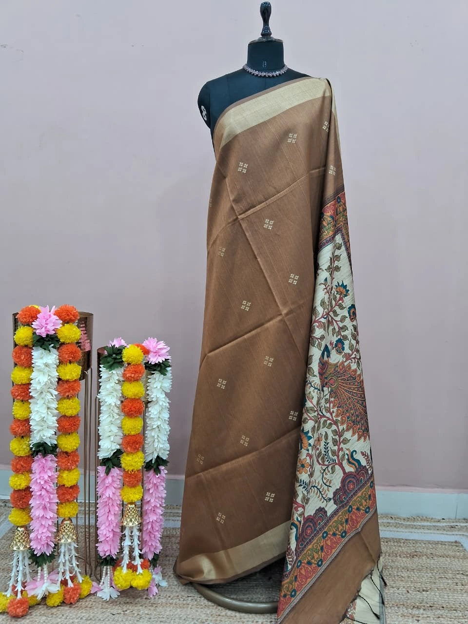 Golden Brown Printed Tussar Saree 
