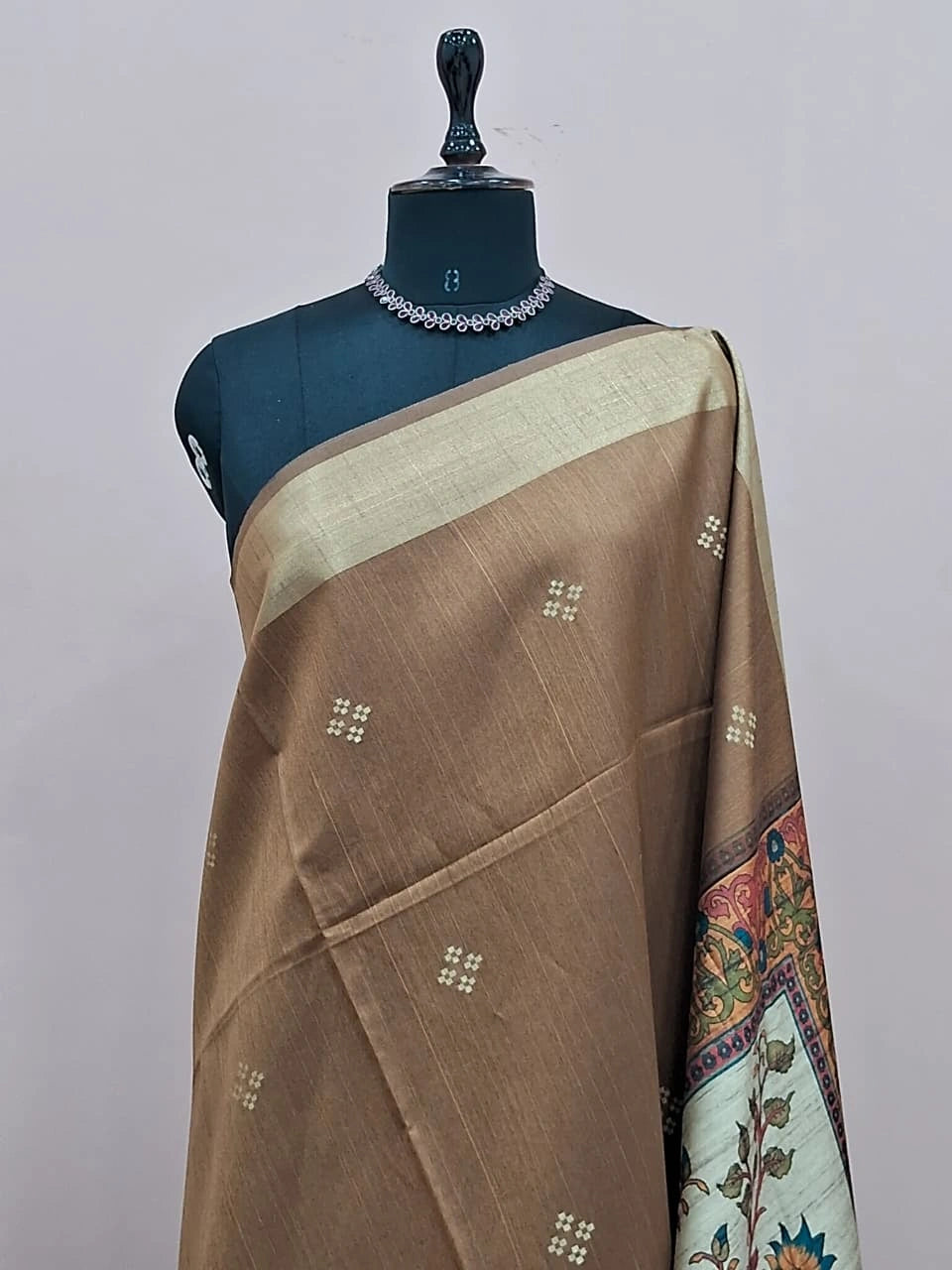 Golden Brown Printed Tussar Saree  1