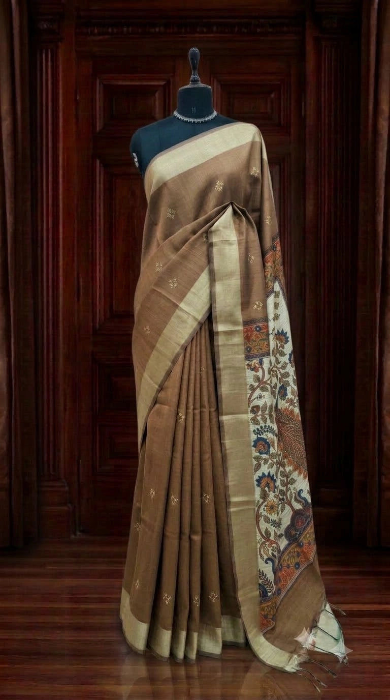 Golden Brown Printed Tussar Saree 