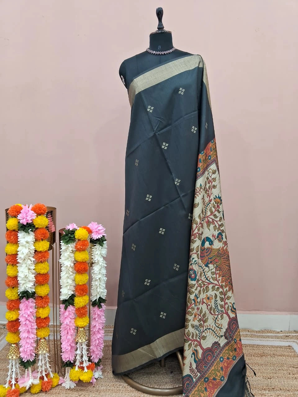 Charcoal Black Printed Tussar Saree