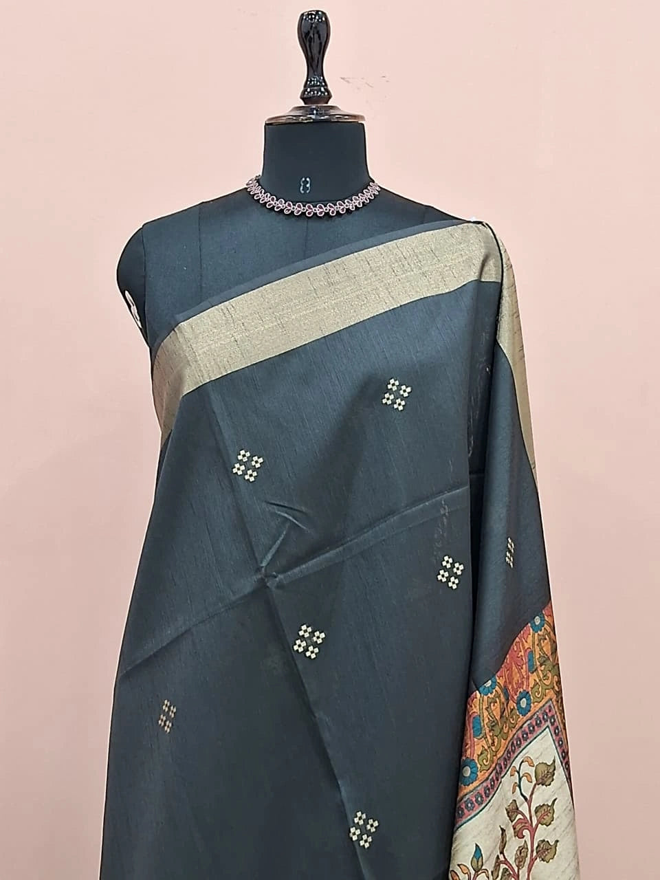Charcoal Black Printed Tussar Saree 1