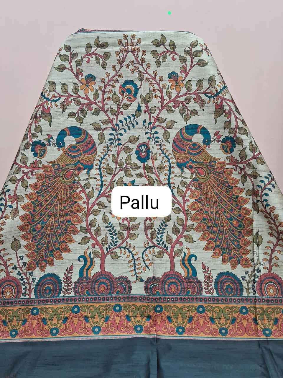 Charcoal Black Printed Tussar Saree Pallu