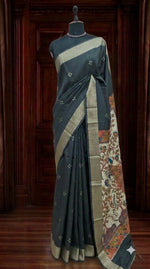 Charcoal Black Printed Tussar Saree