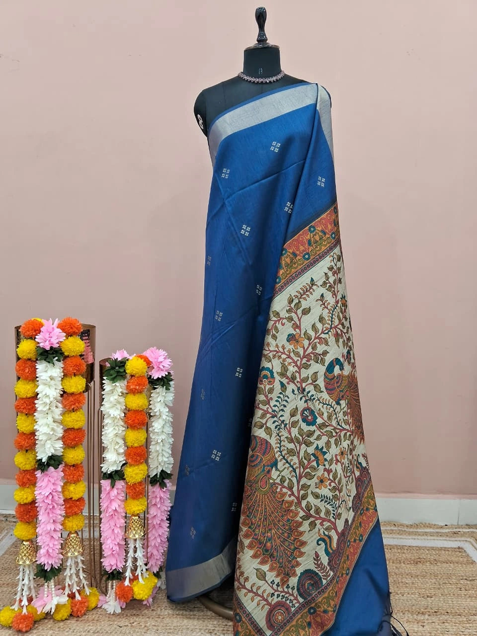 Royal Blue Printed Tussar Saree