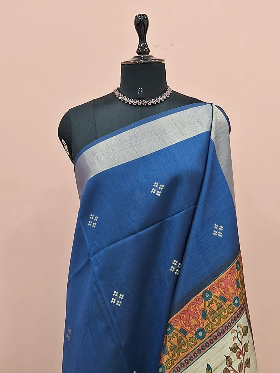 Royal Blue Printed Tussar Saree 1