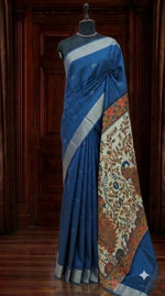 Royal Blue Printed Tussar Saree