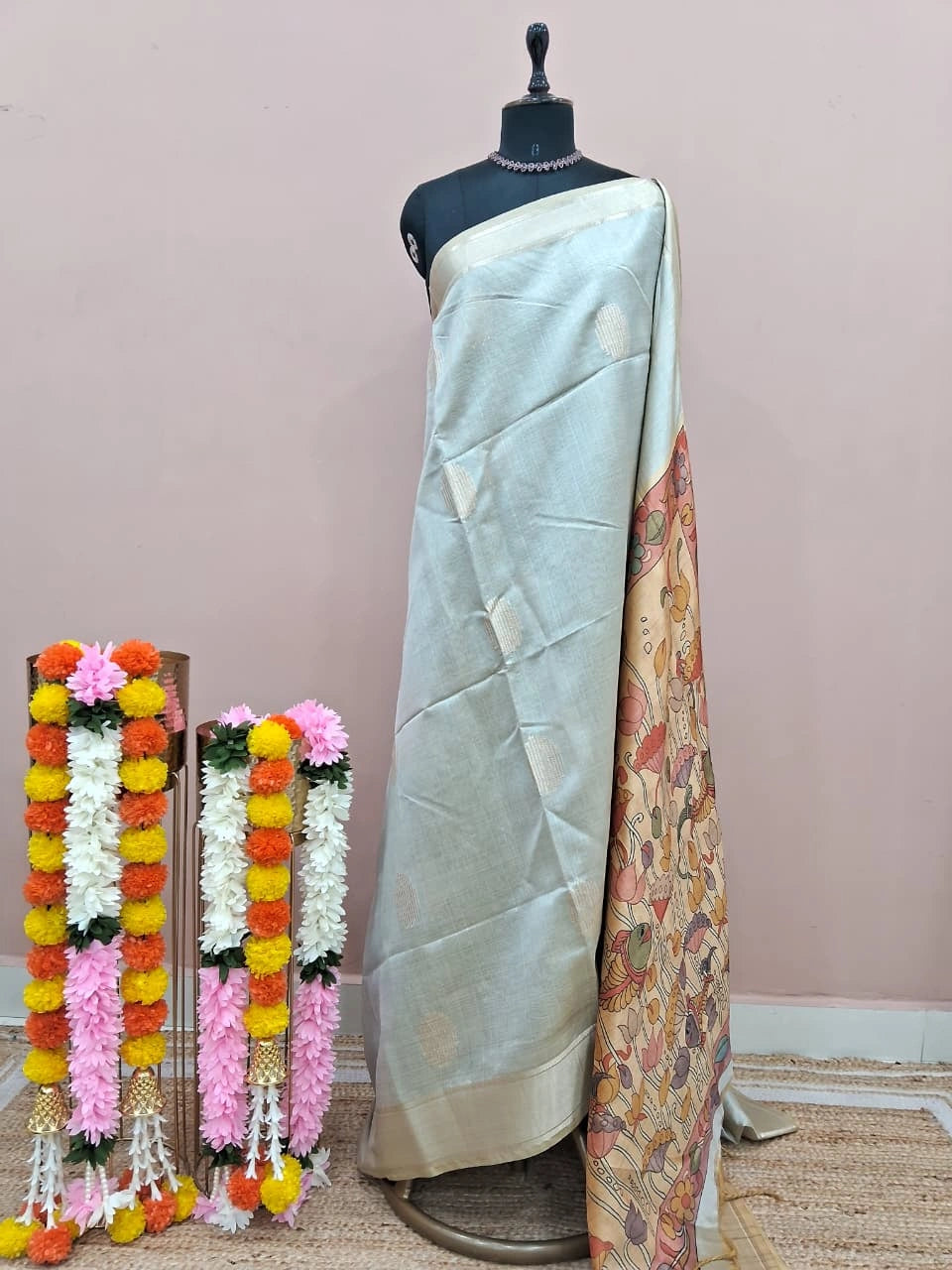 Light Blue Printed Tussar Saree 