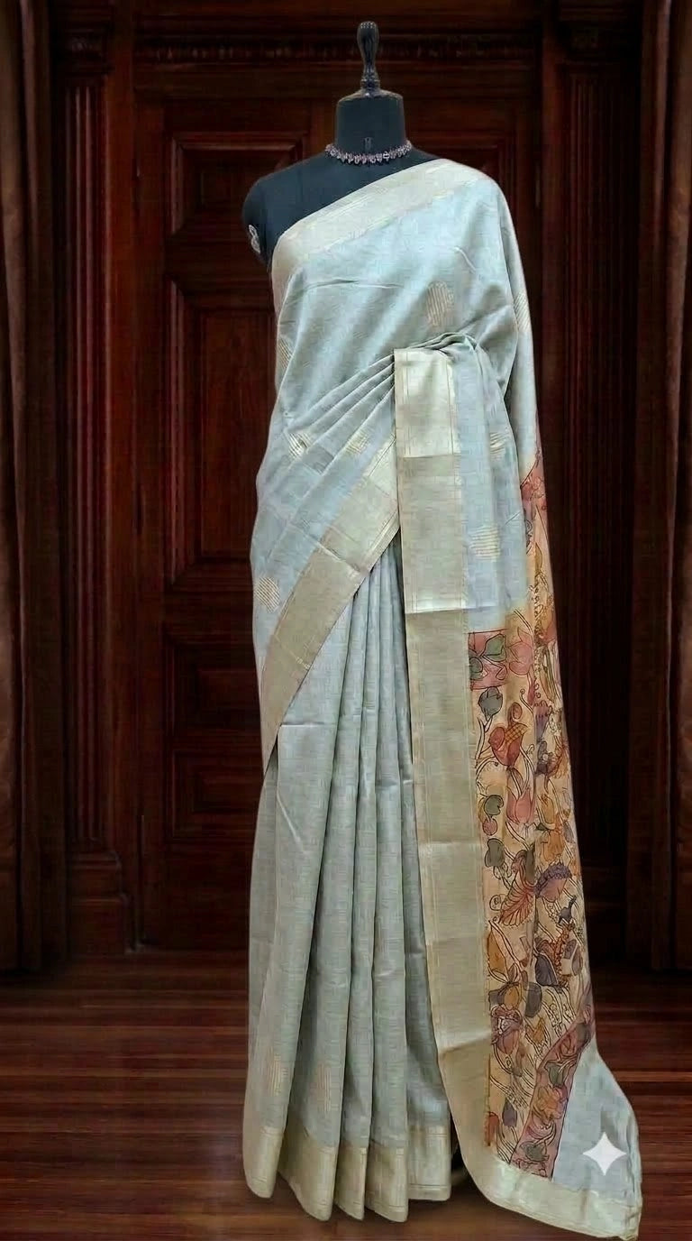 Light Blue Printed Tussar Saree 