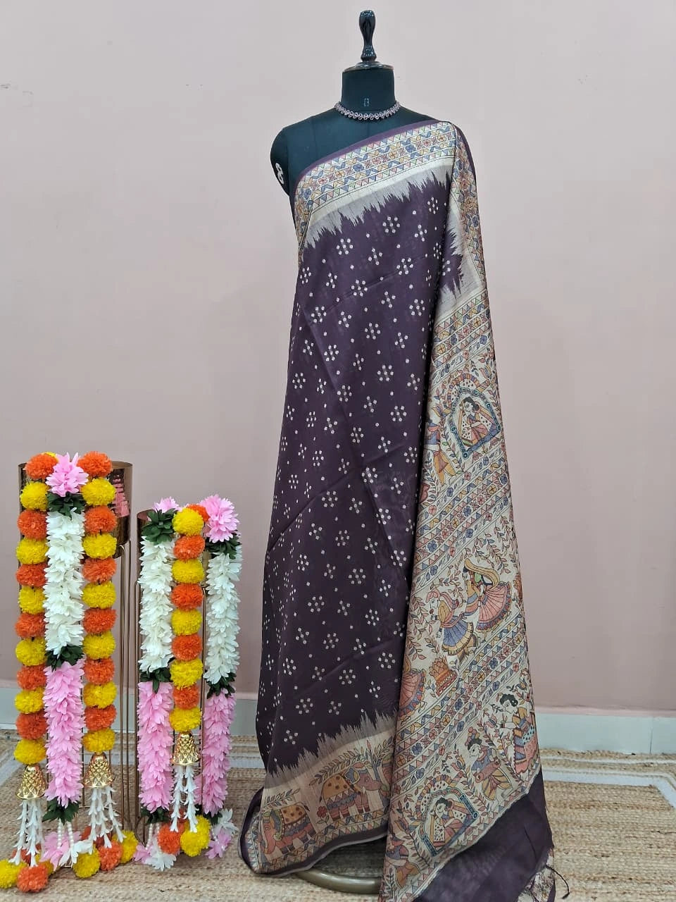 Dark Purple Printed Tussar Saree 