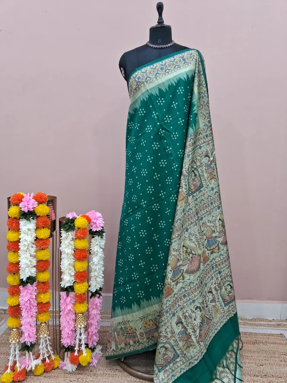 Rama Green Printed Tussar Saree