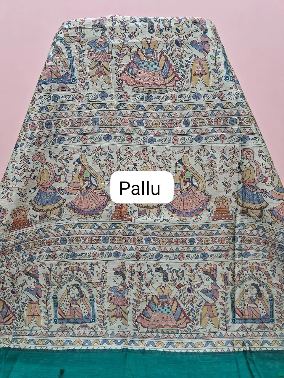 Rama Green Printed Tussar Saree Pallu