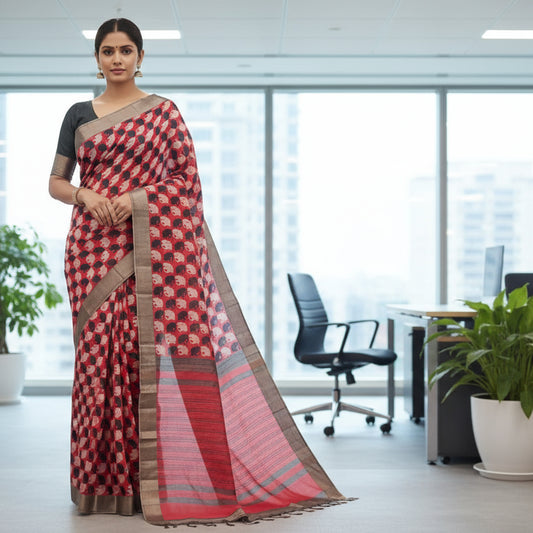 Fire Red Tussar Saree 