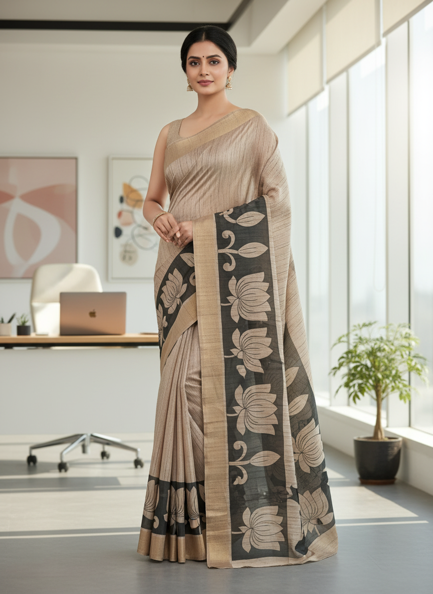 Beige Tussar Saree 