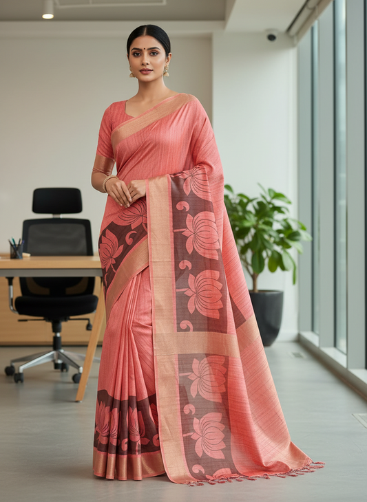 Flamigo Pink Tussar Saree
