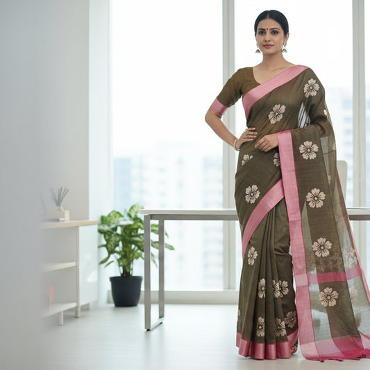 Olive Green Tussar Saree 