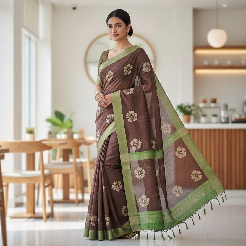 Chocolate Brown Tussar Saree 