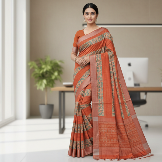 Dark Orange Tussar Saree 