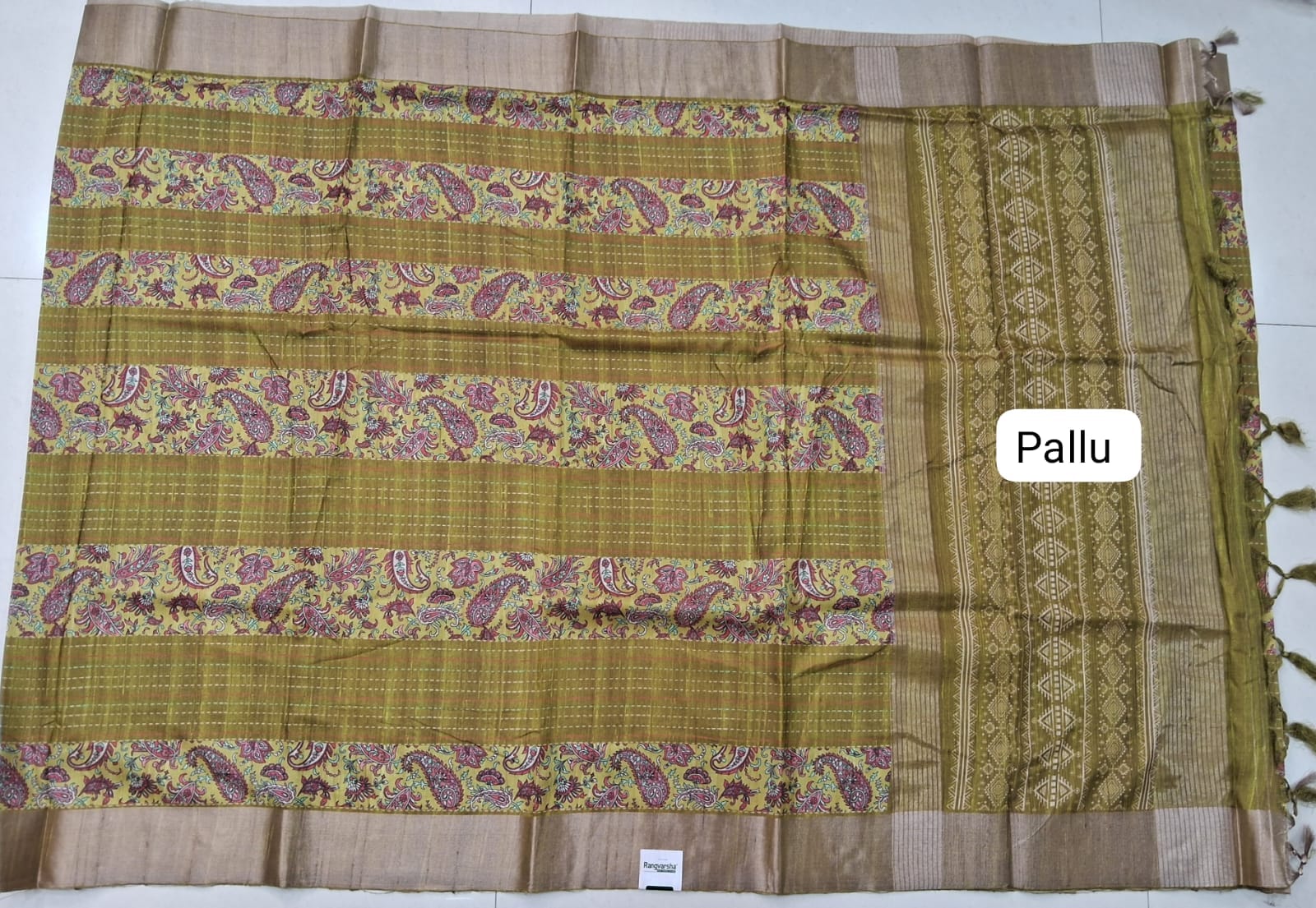 Olive Green Tussar Saree  Pallu