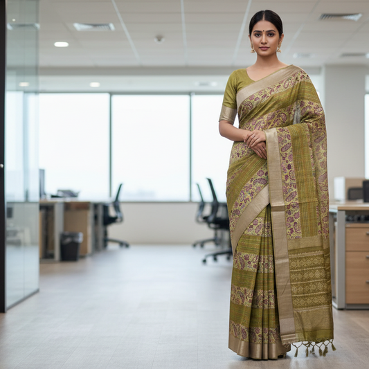 Olive Green Tussar Saree