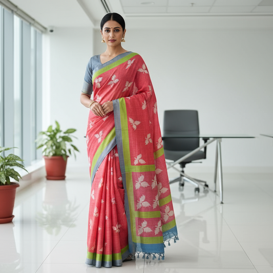 Reddish Pink Tussar Saree