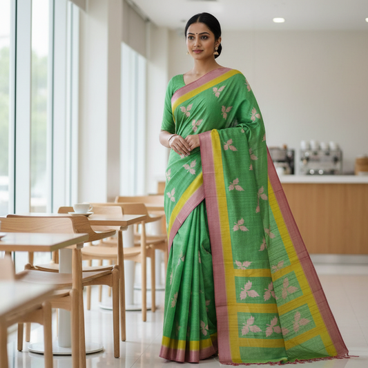 Parrot Green Tussar Saree