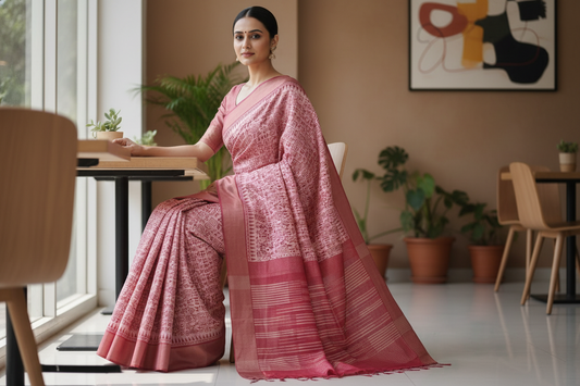 Peach Tussar Saree