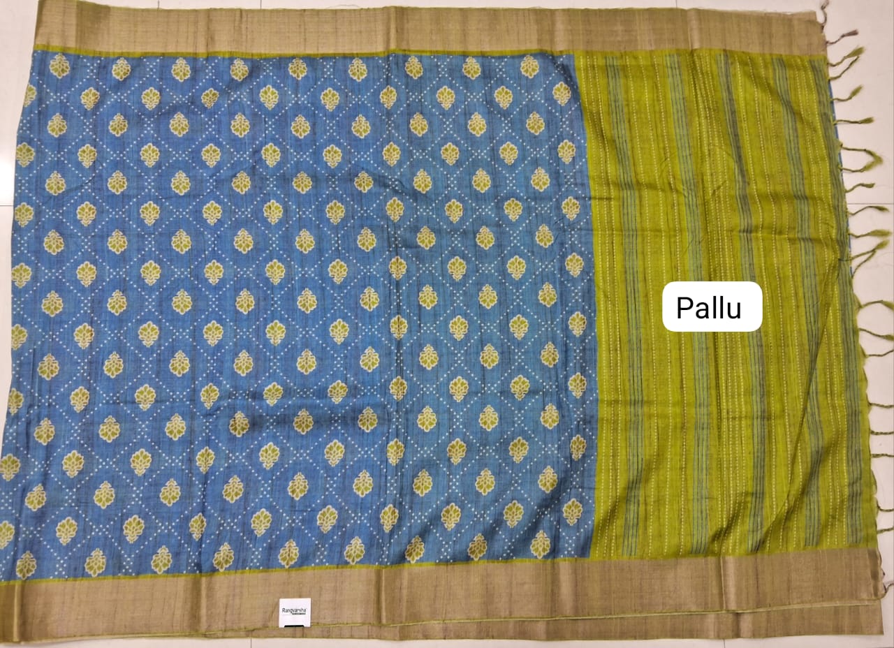 Caribbean Blue Tussar Saree Pallu