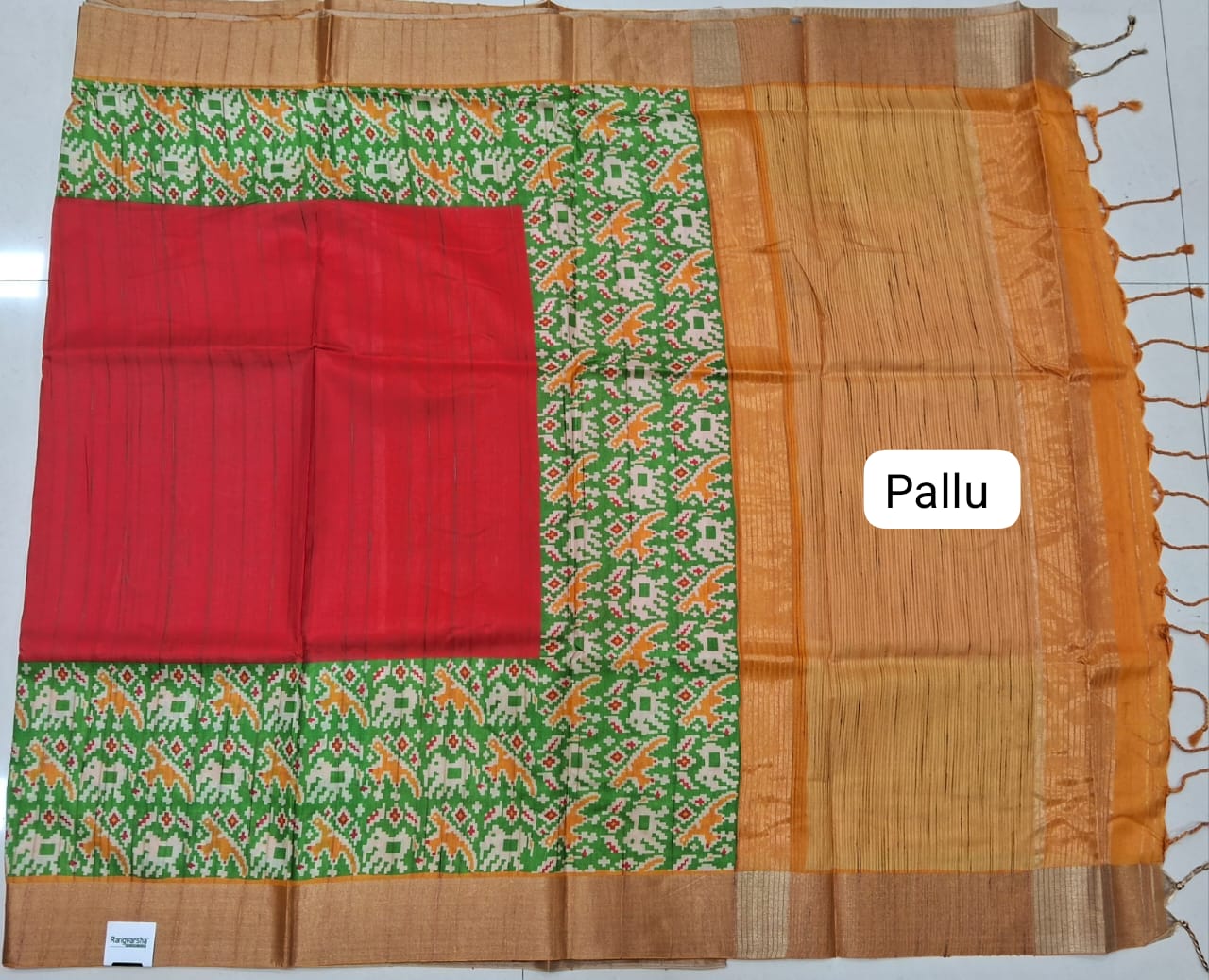 Fire Red Tussar Saree Pallu