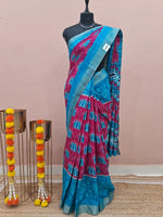 Blue and pink semi Tussar Saree