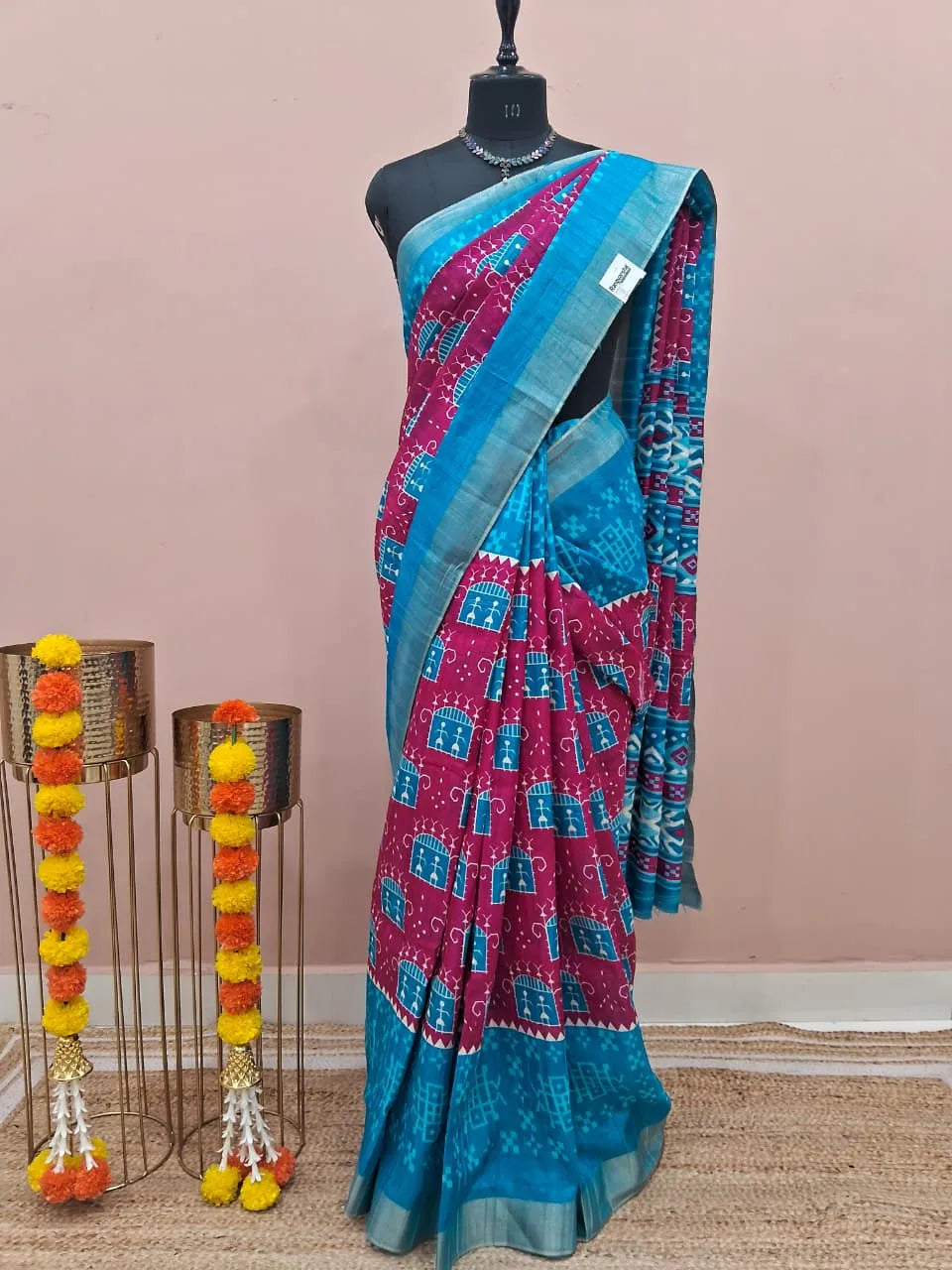 Blue and pink semi Tussar Saree