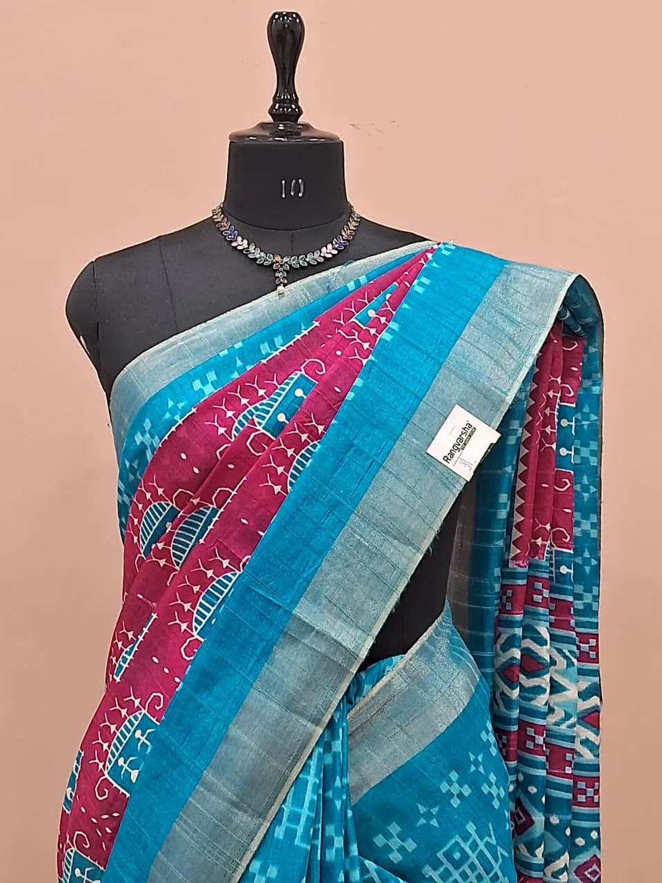 Blue and pink semi Tussar Saree 1