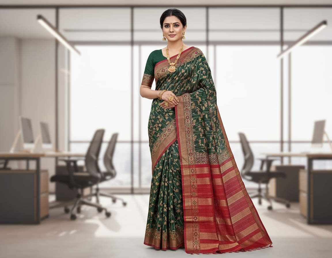 Bottle Green Semi Tussar Saree