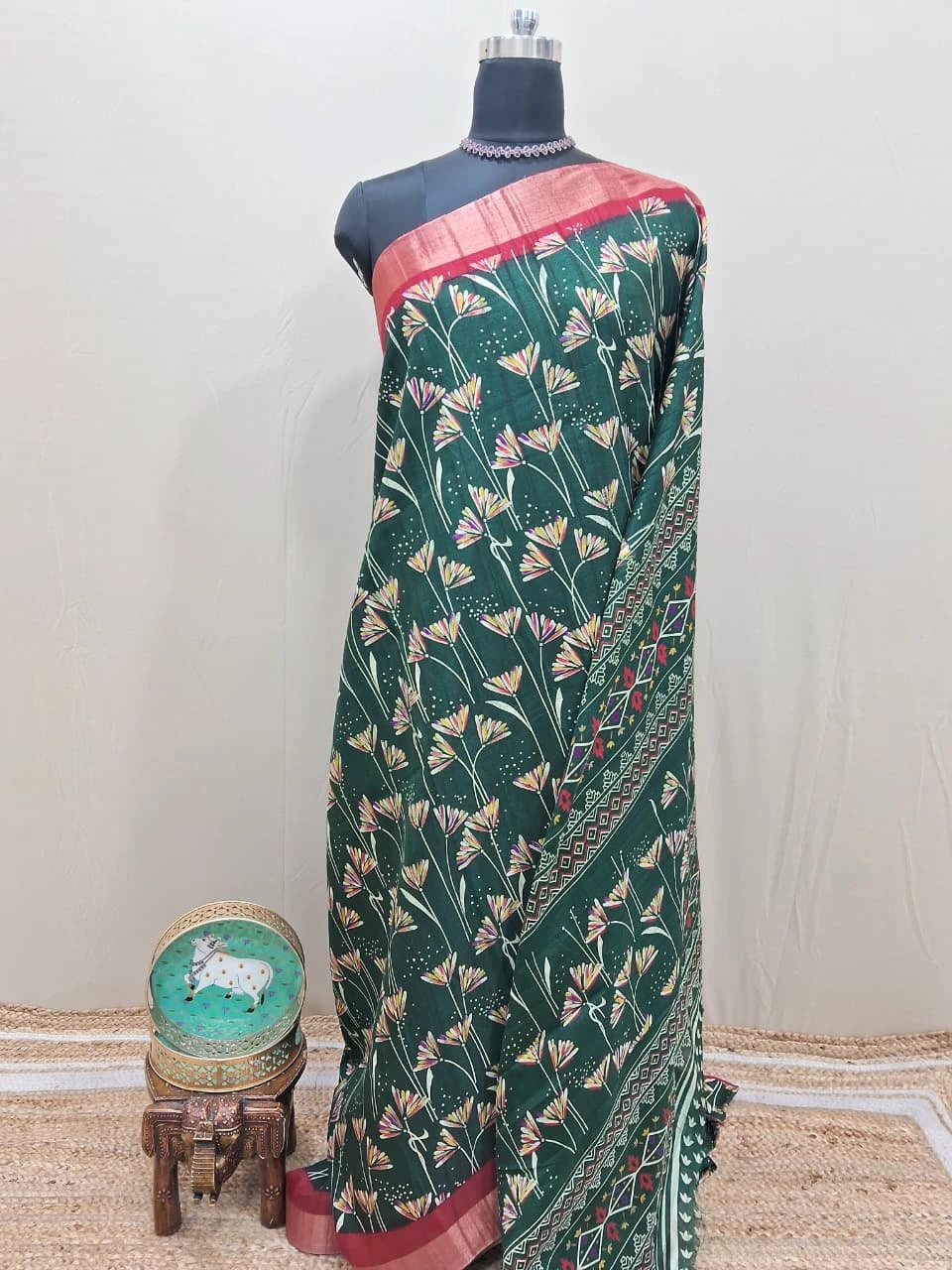 Bottle Green Semi Tussar Saree