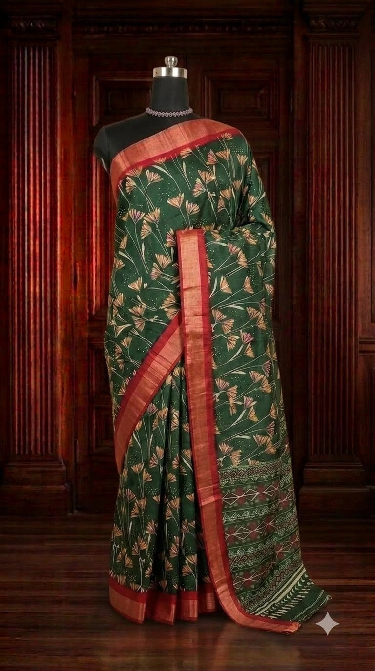 Bottle Green Semi Tussar Saree