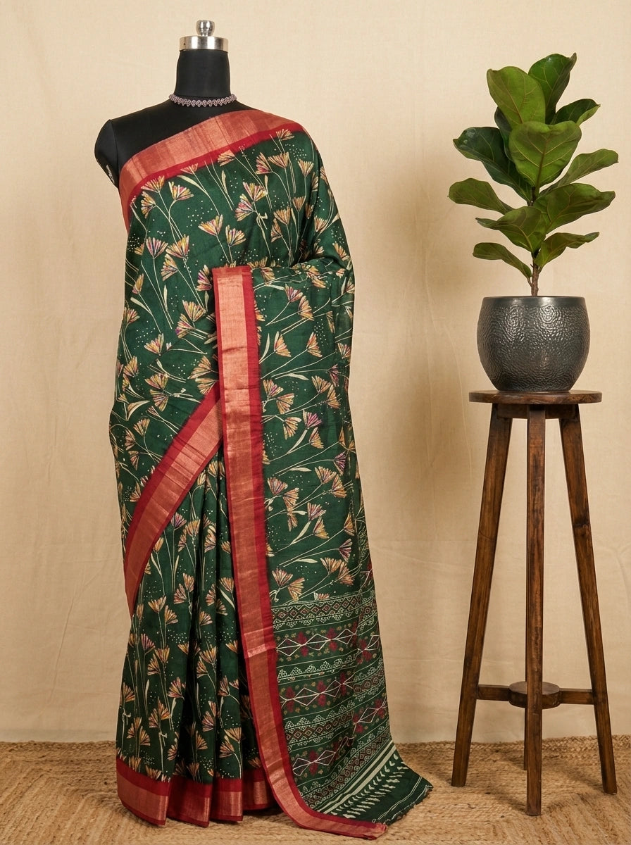 Bottle Green Semi Tussar Saree