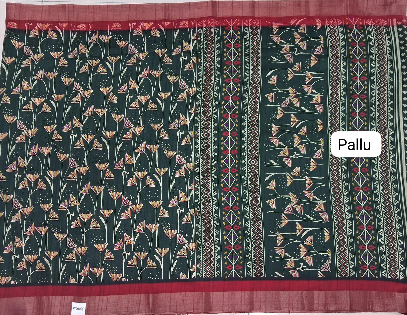 Bottle Green Semi Tussar Saree Pallu