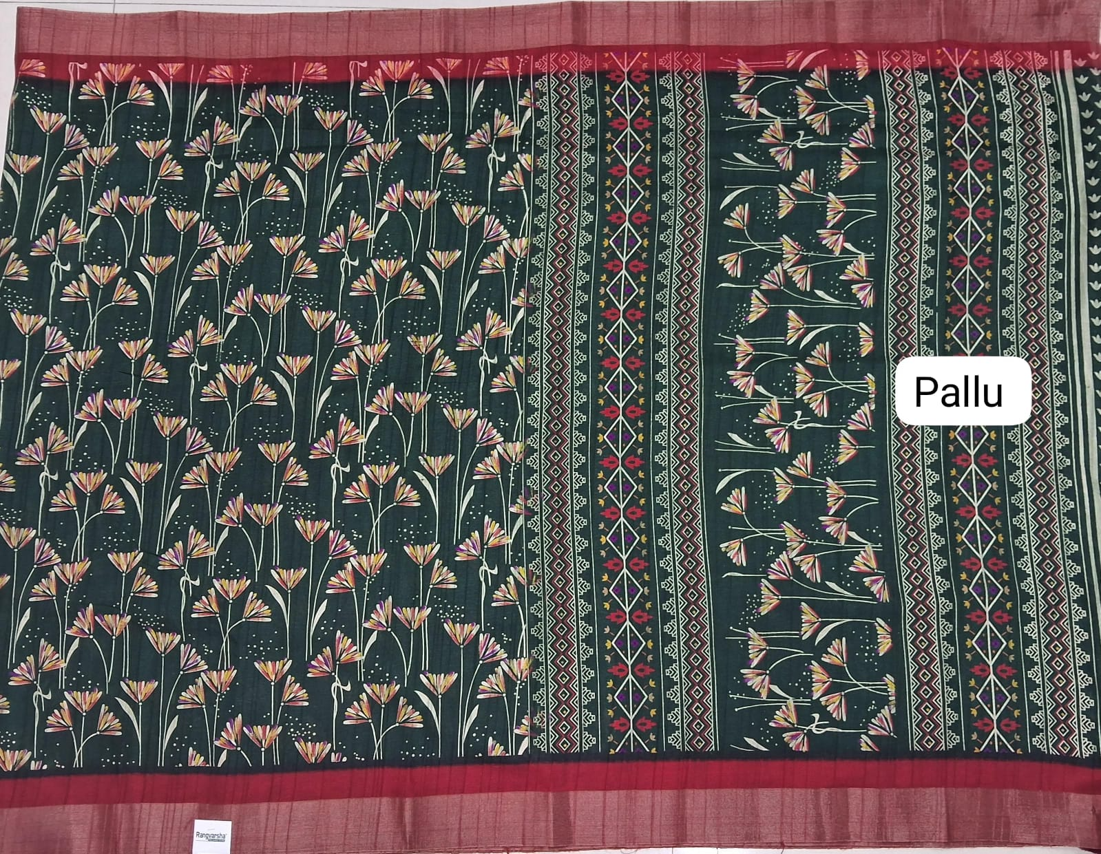 Bottle Green Semi Tussar Saree Pallu