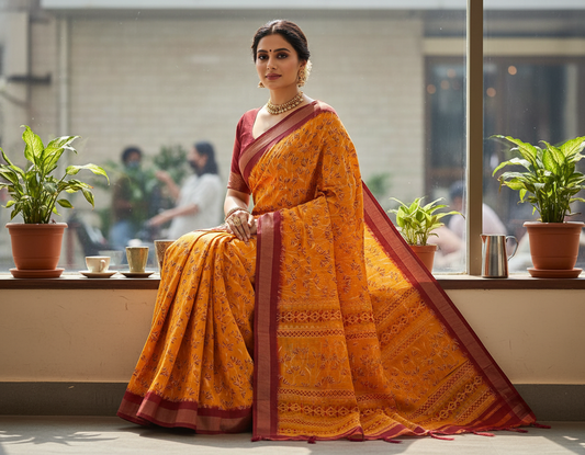 Mango Yellow Semi Tussar Saree 