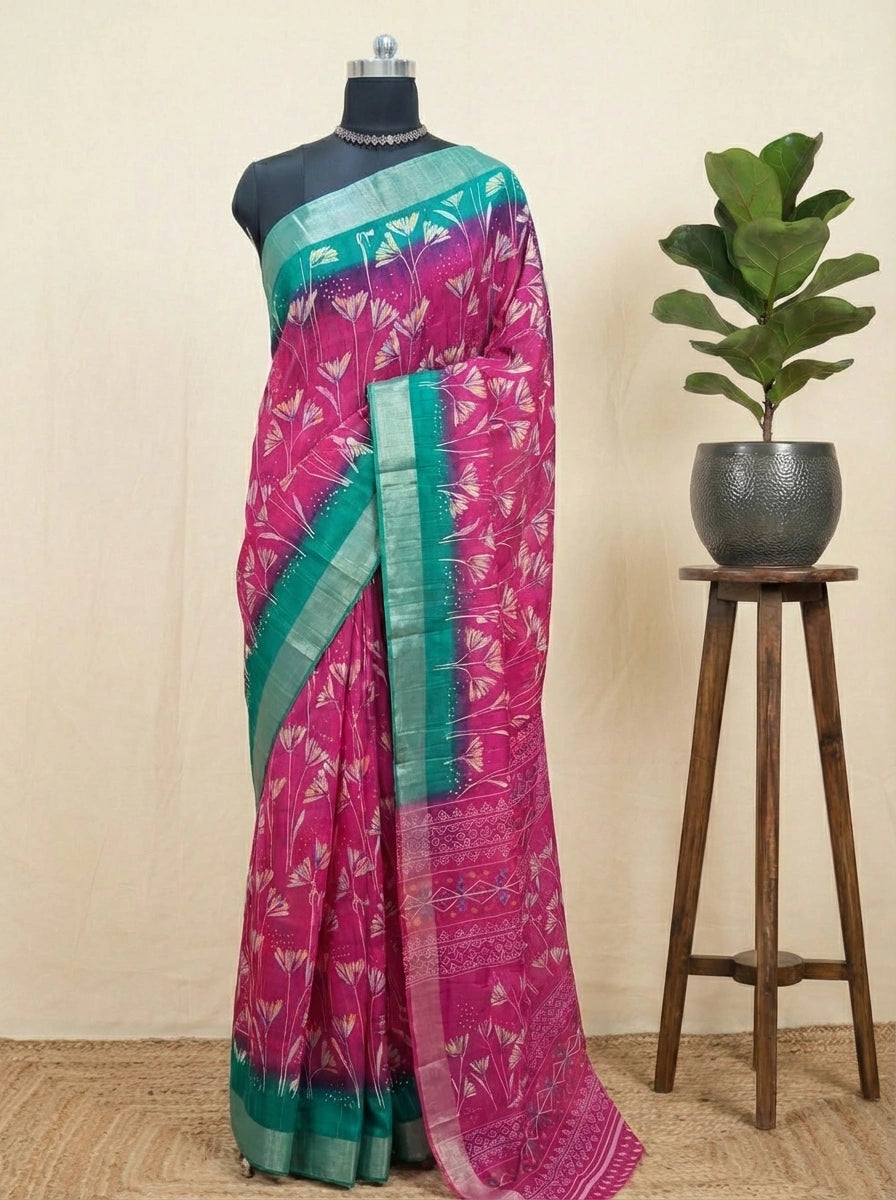 Pink Semi Tussar Saree with multicoloured flower print