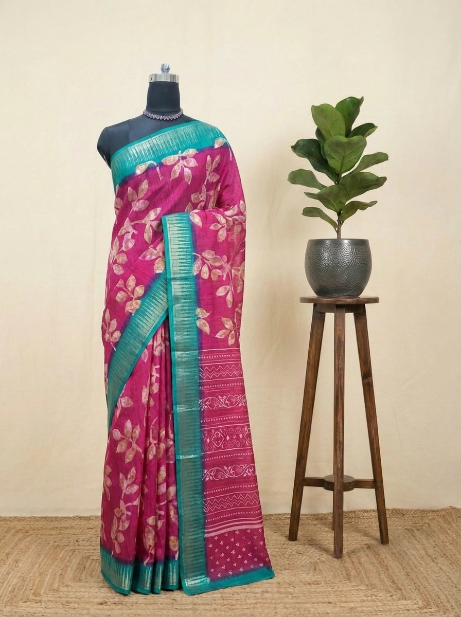 Pink Semi Tussar Saree  with gold leaf print