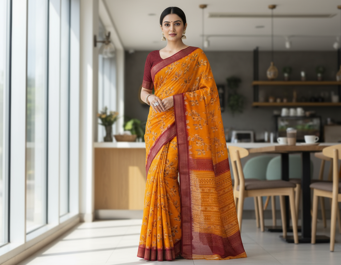 Mango Yellow Semi Tussar Saree