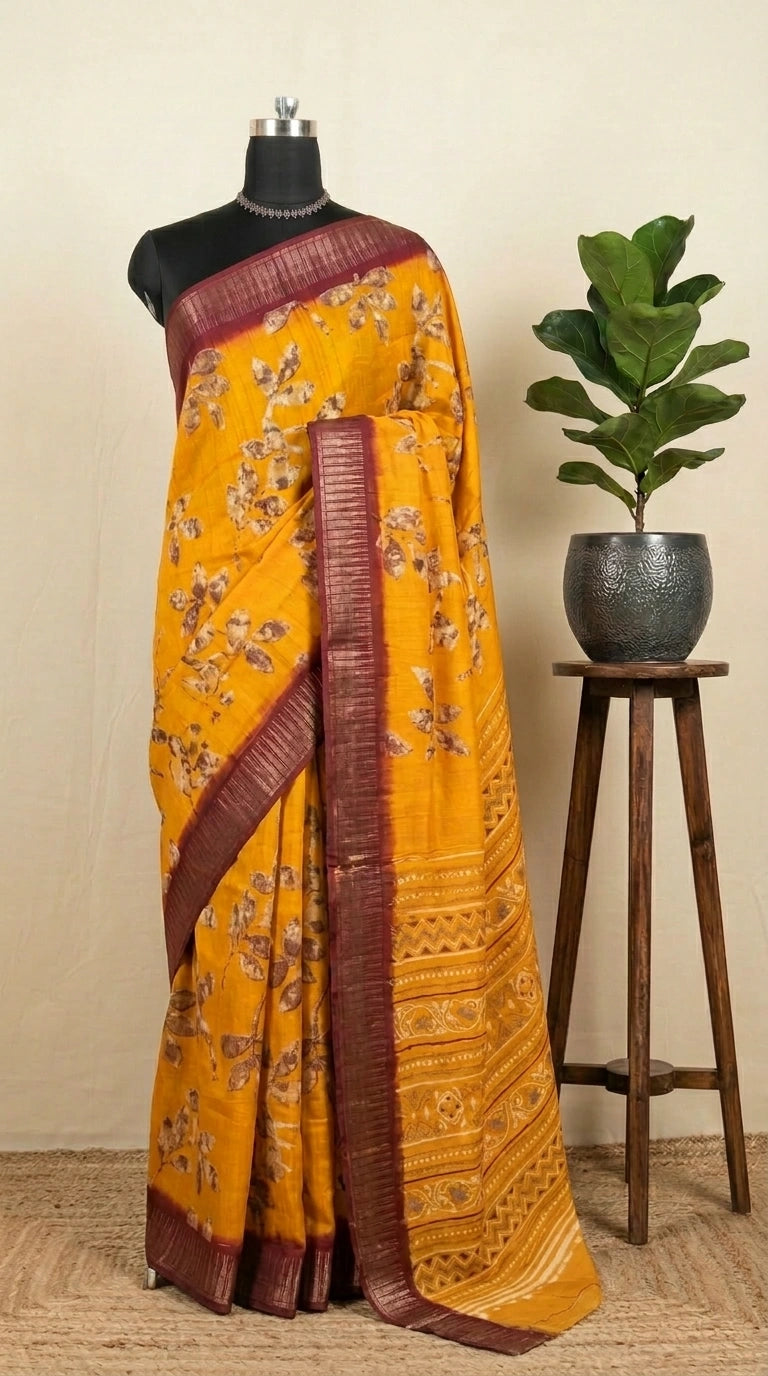 Mango Yellow Semi Tussar Saree with gold leaf print