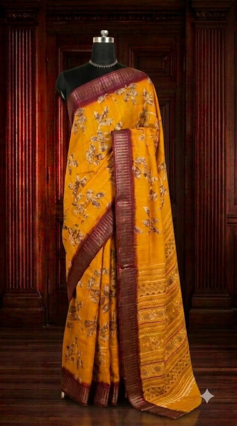 Mango Yellow Semi Tussar Saree