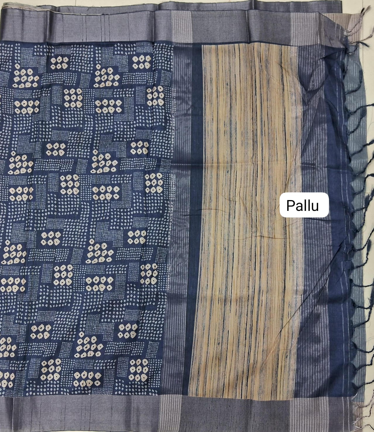 Indigo Blue Semi Tussar Saree Pallu