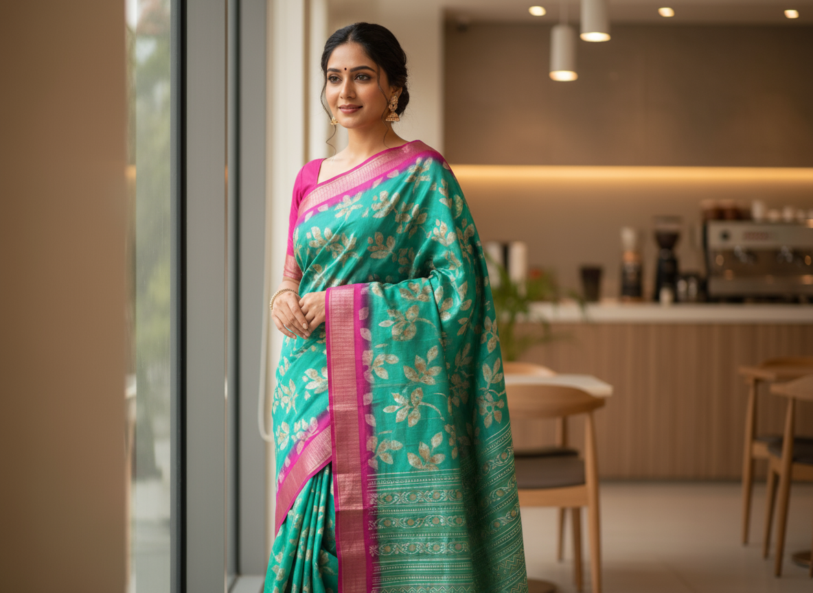 Green Semi Tussar Saree